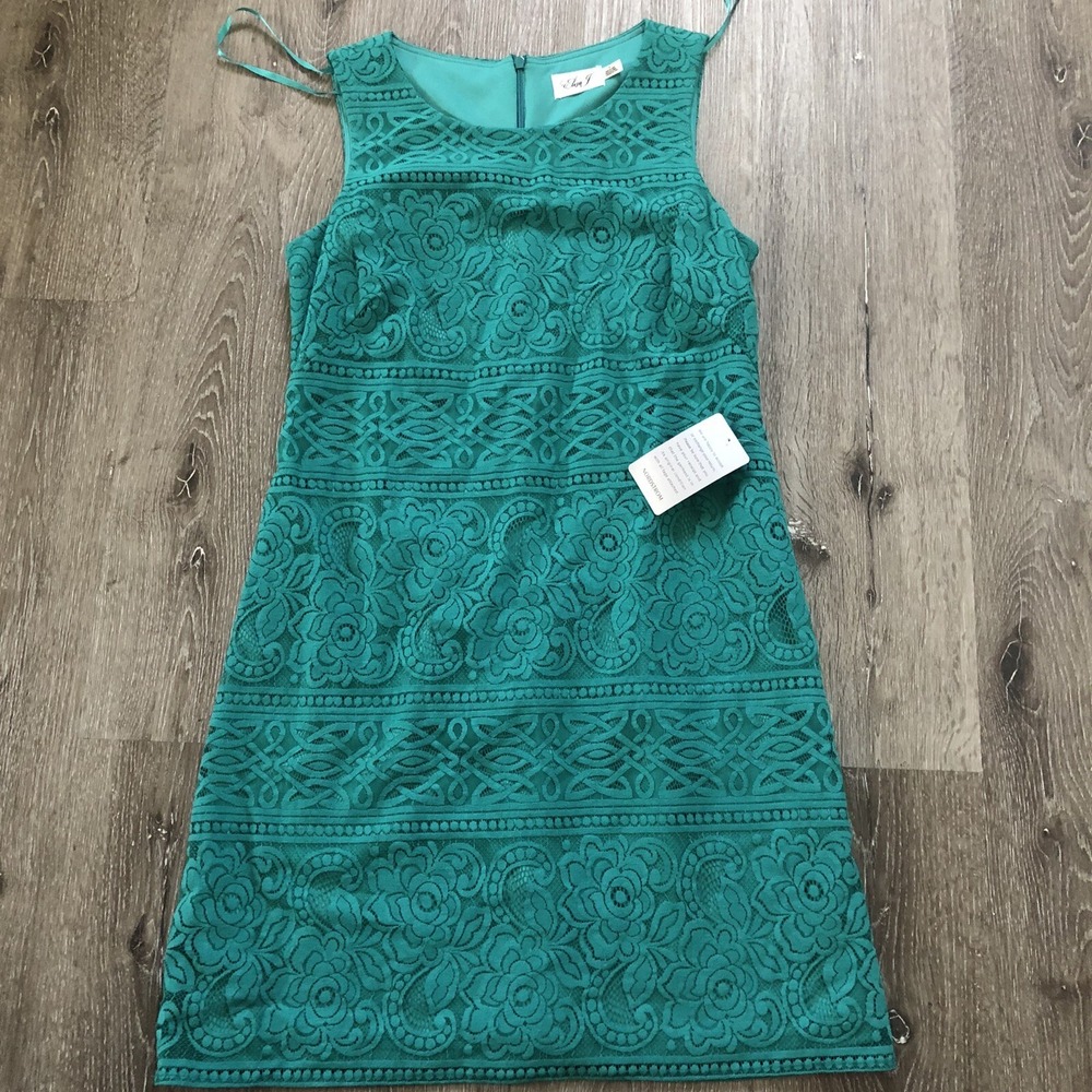 Eliza J Dress 8 Green Lace Overlay Lined Shift Floral Sleeveless‎ Back Zip - Picture 2 of 14